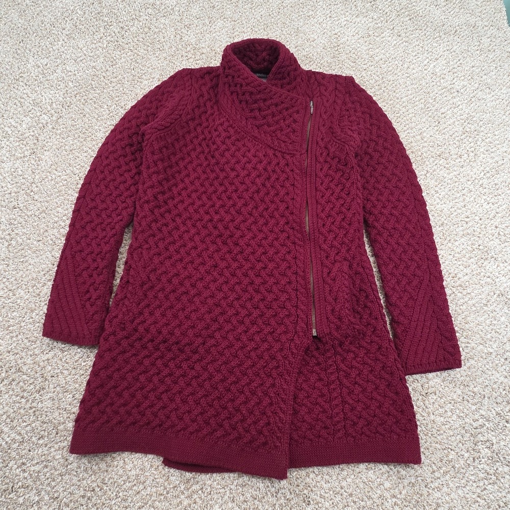 Irelands Eye Wool Sweater Womens M Maroon Red Side Zip Pockets Cable‎ Knit Heavy